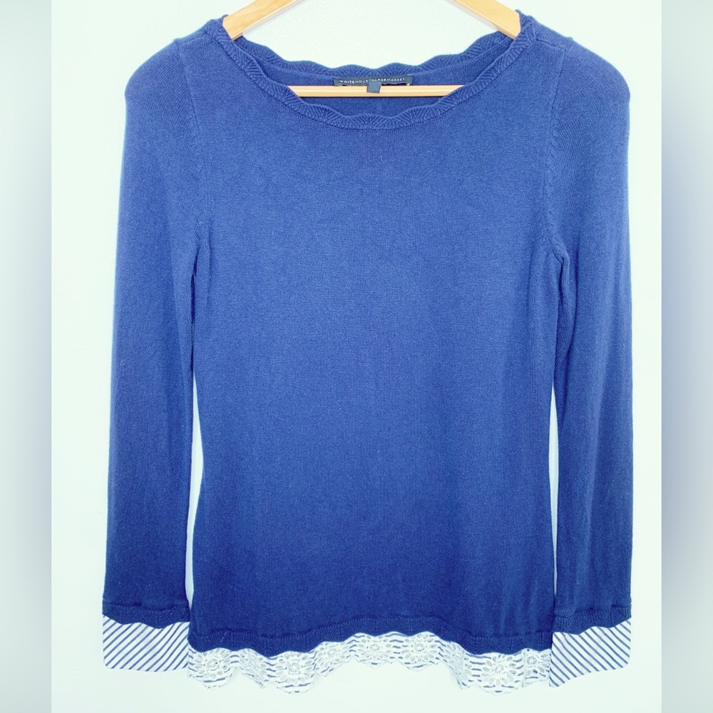 White House Black Market Navy Sweater With Stripe Trim Nautical Size XS 10% Silk